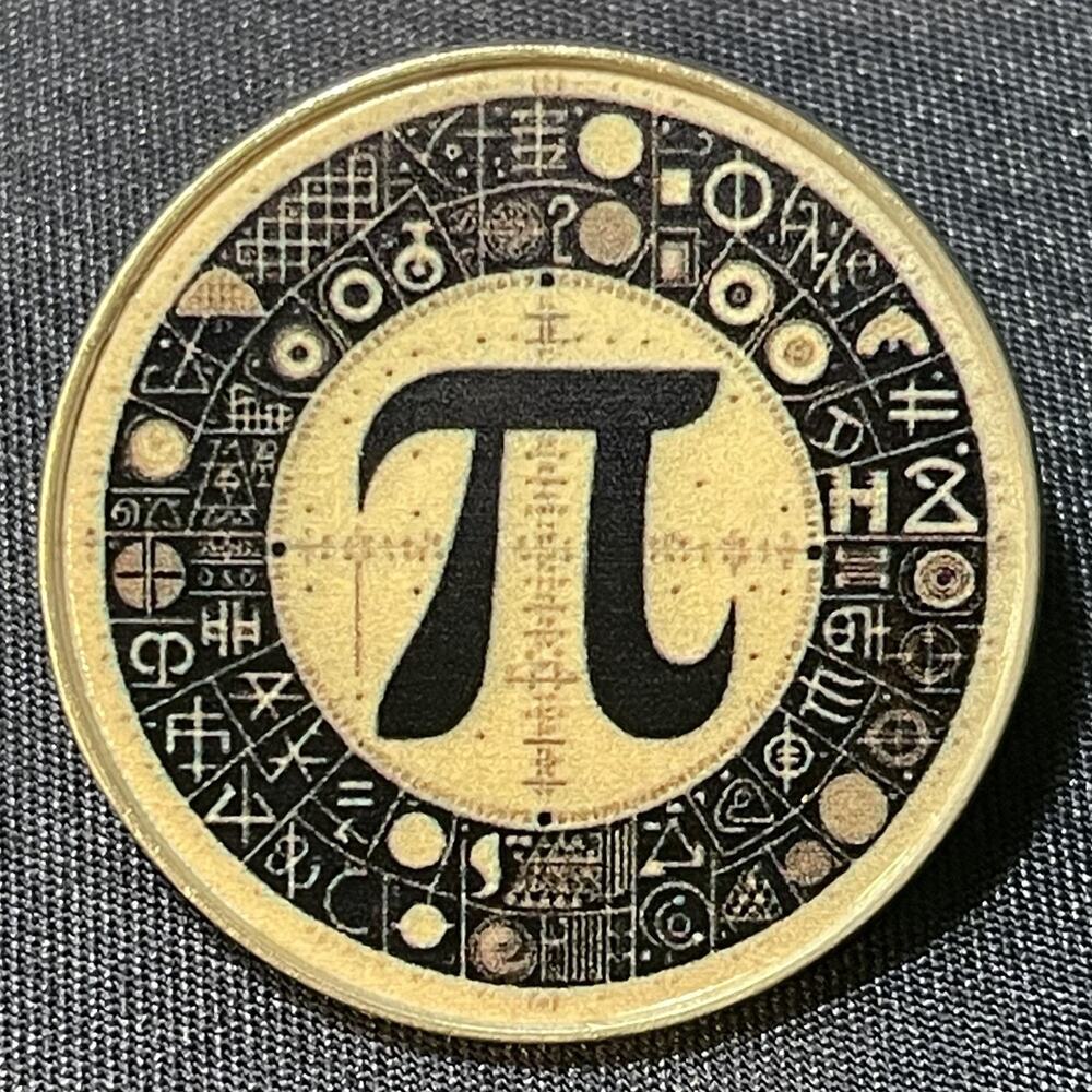 Gold Pi Lapel Pin Math Symbol Letters Numbers Round Badge Retro STEM Education